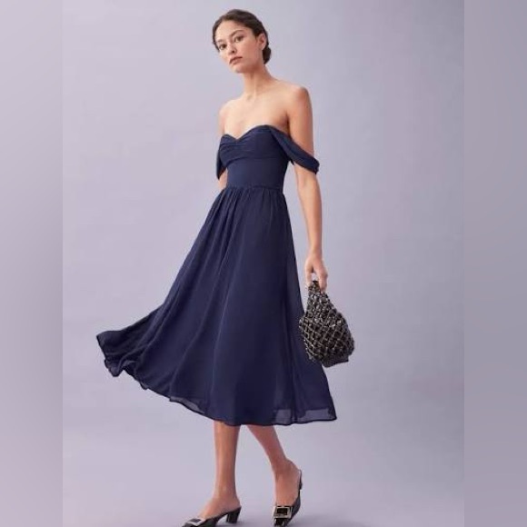 Reformation Womens Violet Midi Dress Off The Shoulder Smocked Back Lined Blue 4 - Picture 1 of 5